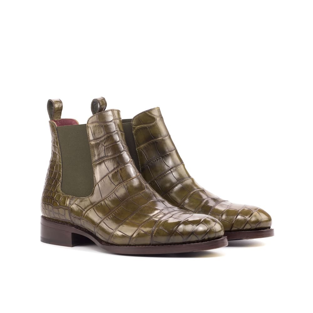 Tudor-classic-chelsea-olive-alligator-MORAGHI Olijfgroene Tudor classic chelsea boots in krokodillenleer
