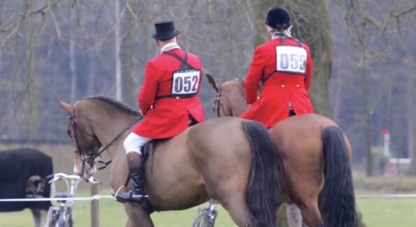Een tweetal jachtruiters gekleed in rode jas met rugnummer zittend op hun paard.