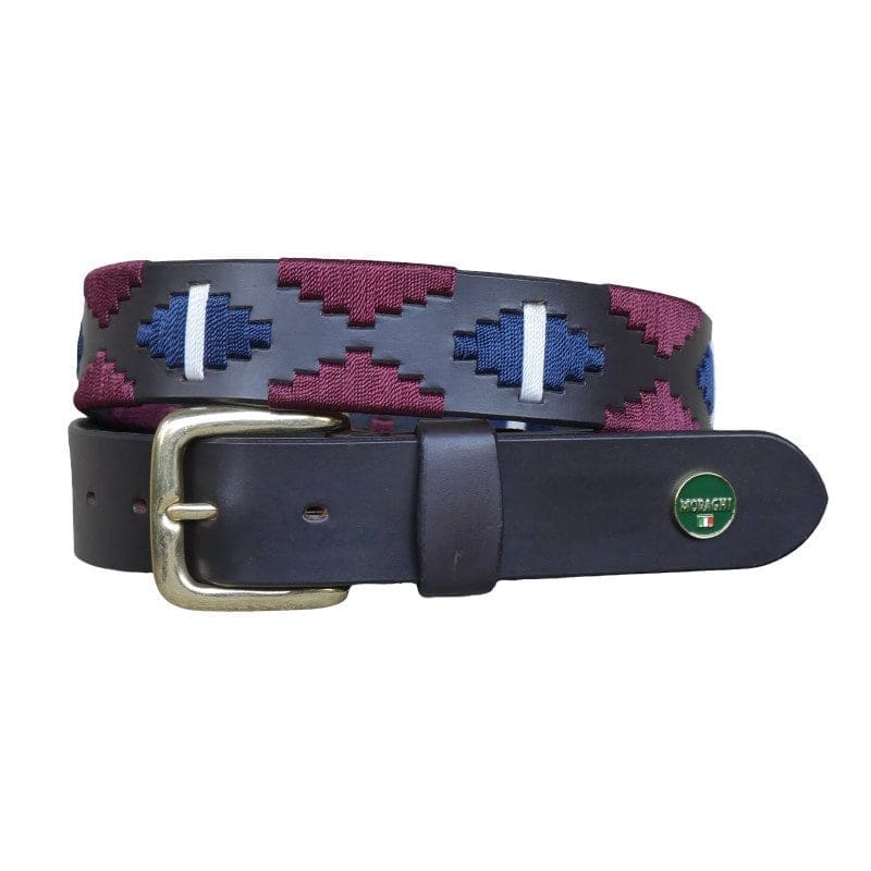 Bruine poloriem met koperen gesp en waxgaren in navy, bordeaux en wit