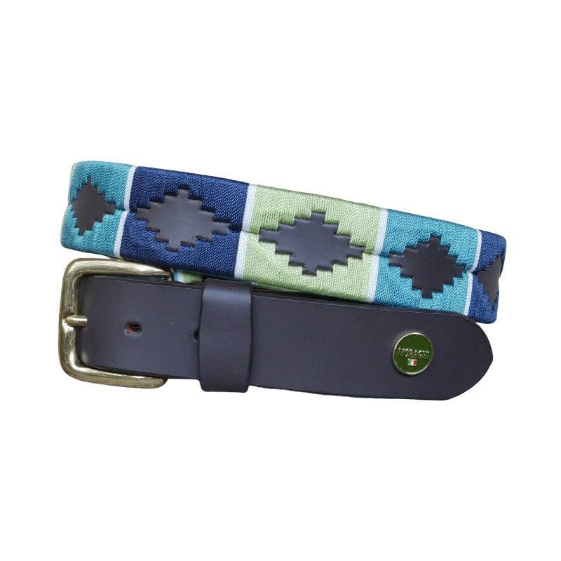 Bruine poloriem met koperen gesp en navy, licht groen en turquoise waxgaren