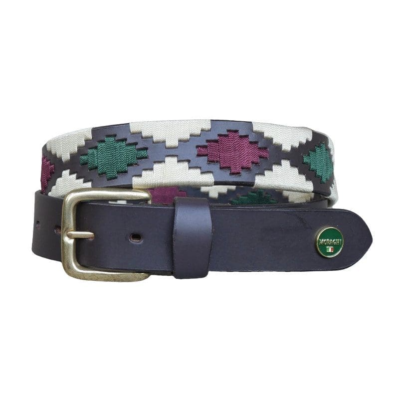 Bruine poloriem met koperen gesp en waxgaren in crème, goren en donkerrood