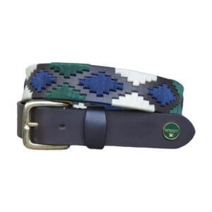 Donkerbruine poloriem met koperen gesp, creme groen en blauw waxkoord