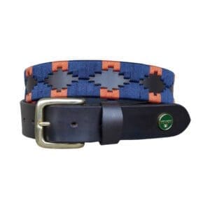 Bruine poloriem met koperen gesp en blauw oranje waxkoord