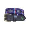 Bruine poloriem met koperen gesp en paars met rood, wit, blauw waxkoord