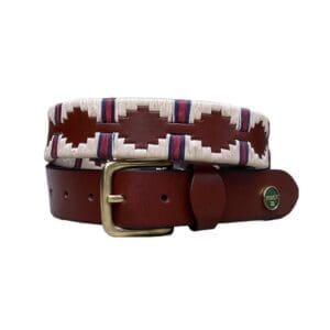 Bruin leren polo riem met koperen gesp. Waxkoord in beige met blauw en rode streep.
