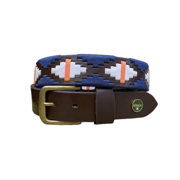 Bruin leren poloriem met donkerblauw, creme en oranje waxdraad