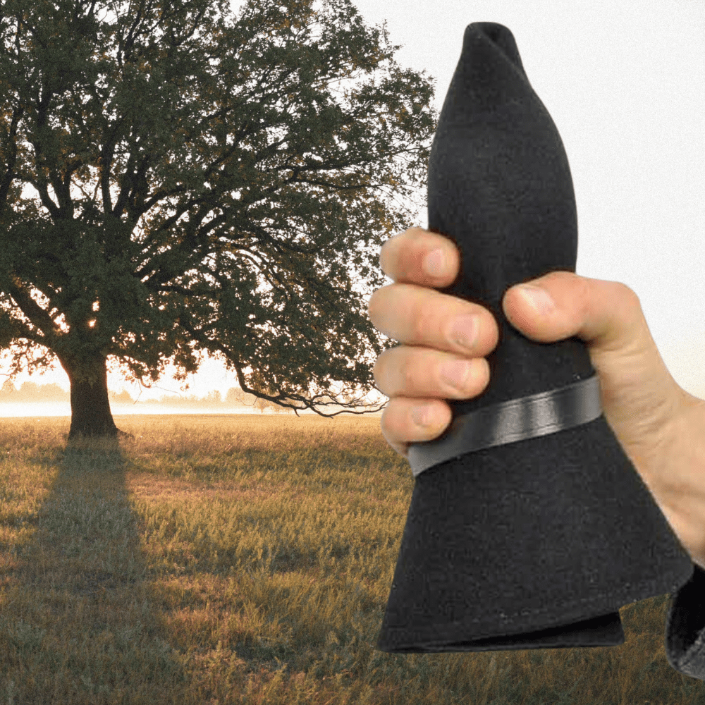 Crushable-hoed-MORAGHI-3.png Hand met een opgerolde fedora erin. Boom op de achtergrond