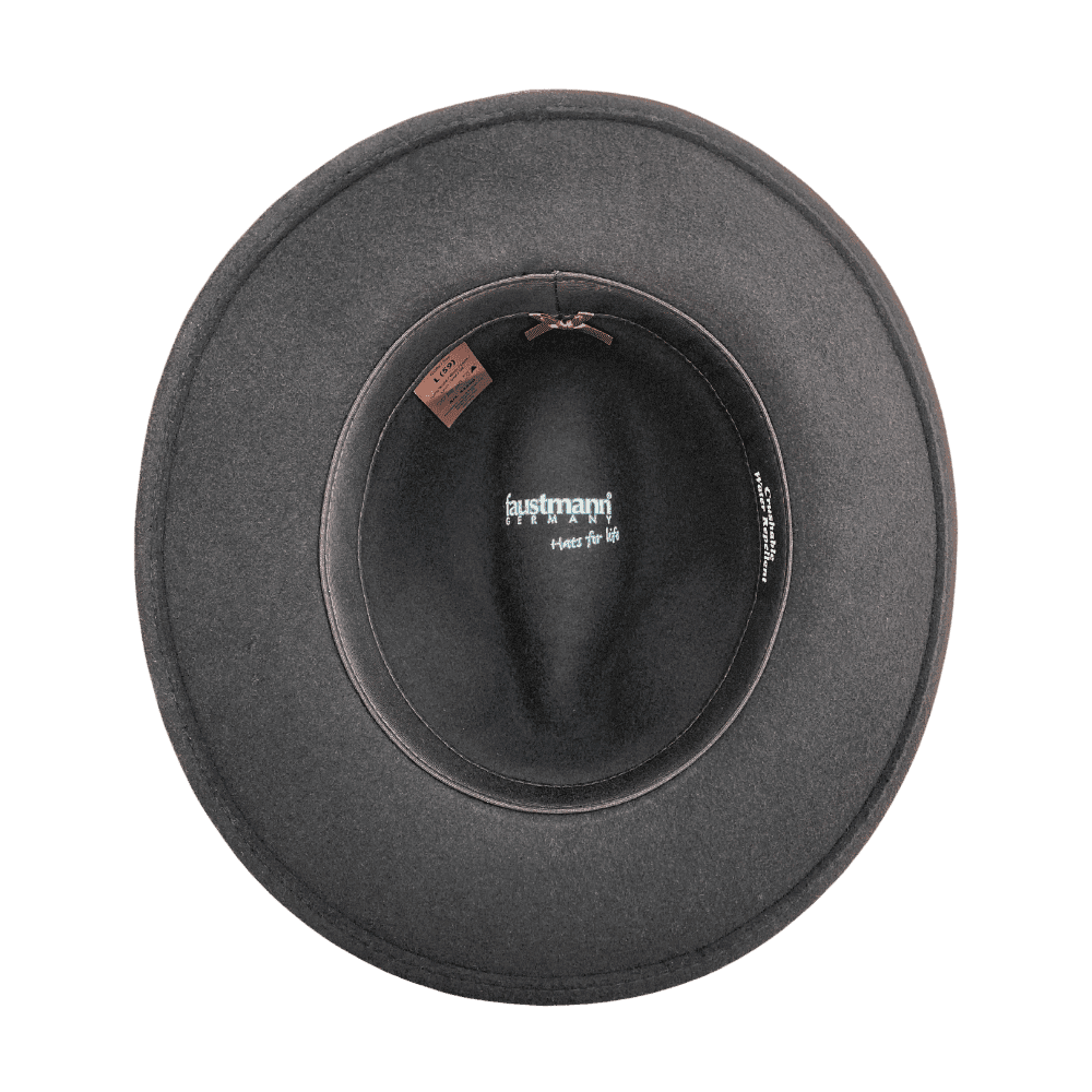 Binnenkant bruine Fedora hoed.