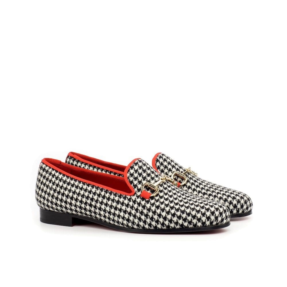 Abbey slipper in zwart en with houndstooth
