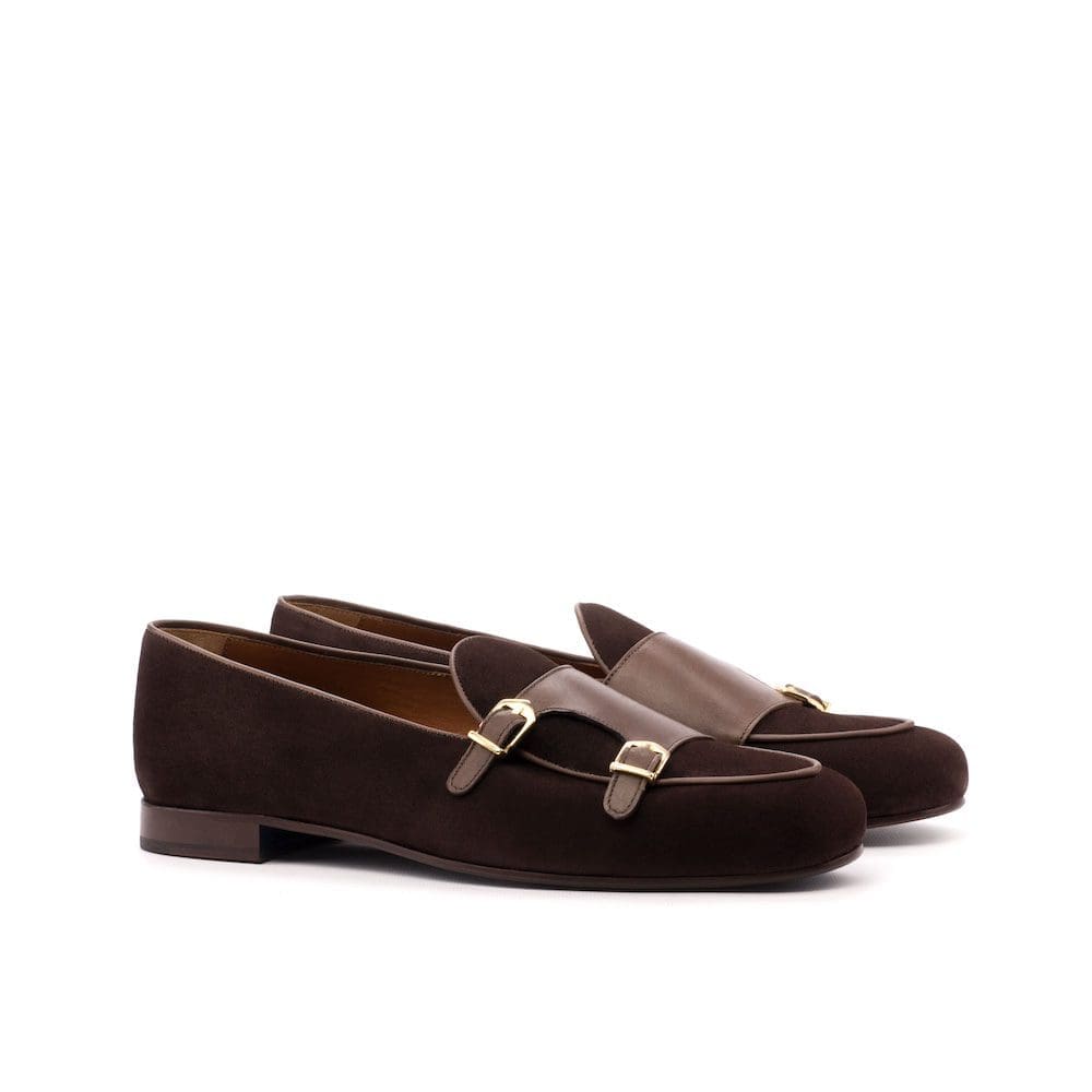 Bedford-Monk Slipper - Brown Suede -Painted Calf Dark Brown-MORAGHI monk slipper in donkerbruin suede gecombineerd meet bruin leer