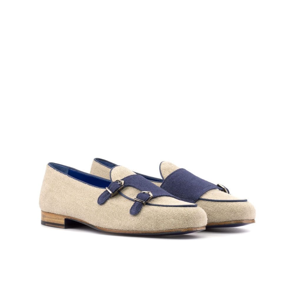 Bedford-Monk Slipper - Painted Calf Navy - Ice line - Navy Line-MORAGHI slipper in crèmekleurig linnen en met blauw linnen bovenkant