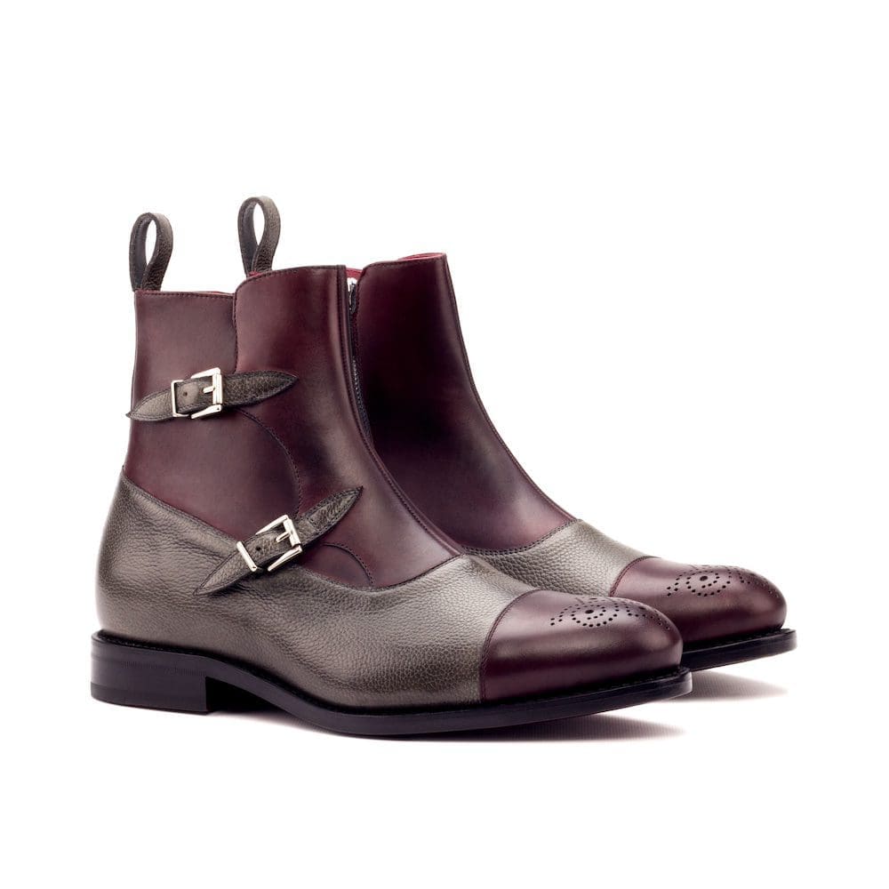 Bentley-Octavian Boot Goodyear Welted - Painted Calf Burgundy-Painted Full Grain Grey-MORAGHI buckle boot in bordeaux rood kalfsleer met grijs leer