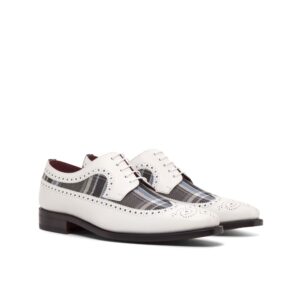 long wing Blucher met wit kalfsleer een wool plaid Grimes en blauw