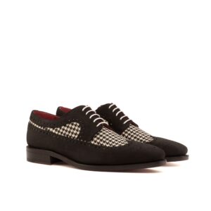 long wing Blucher in zwart suede en hounstooth zwart/wit