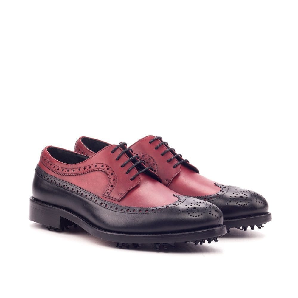 Blucher-golfschoenen-rood-zwart-MORAGHI Rood met zwart kalfsleer blucher golfschoenen