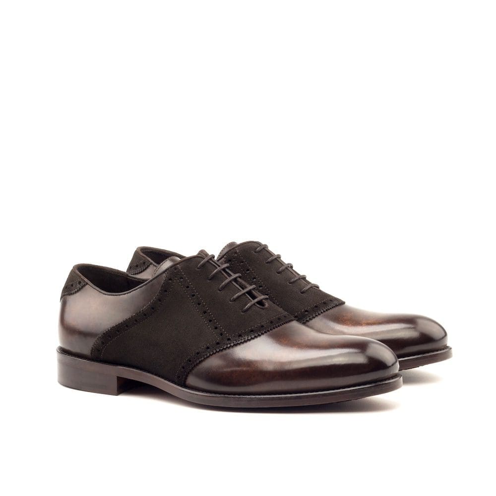 Broughton-Saddle - Patina Heavy Brown-Lux Suede Dark Brown-MORAGHI Donkerbruin hand geverfd patina met donkerbruin suede 'zadel'
