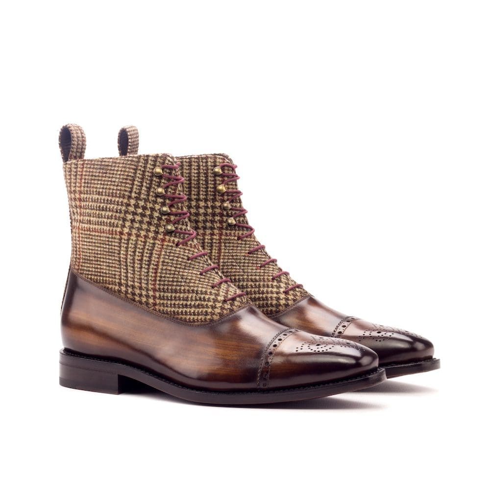 Deeside-Balmoral Boot Goodyear Welt - Patina Heavy - Patina Brown-Wool Tweed Brown-MORAGHI Balmoral boot met bruine wool tweed en bruin gepatineerd leer