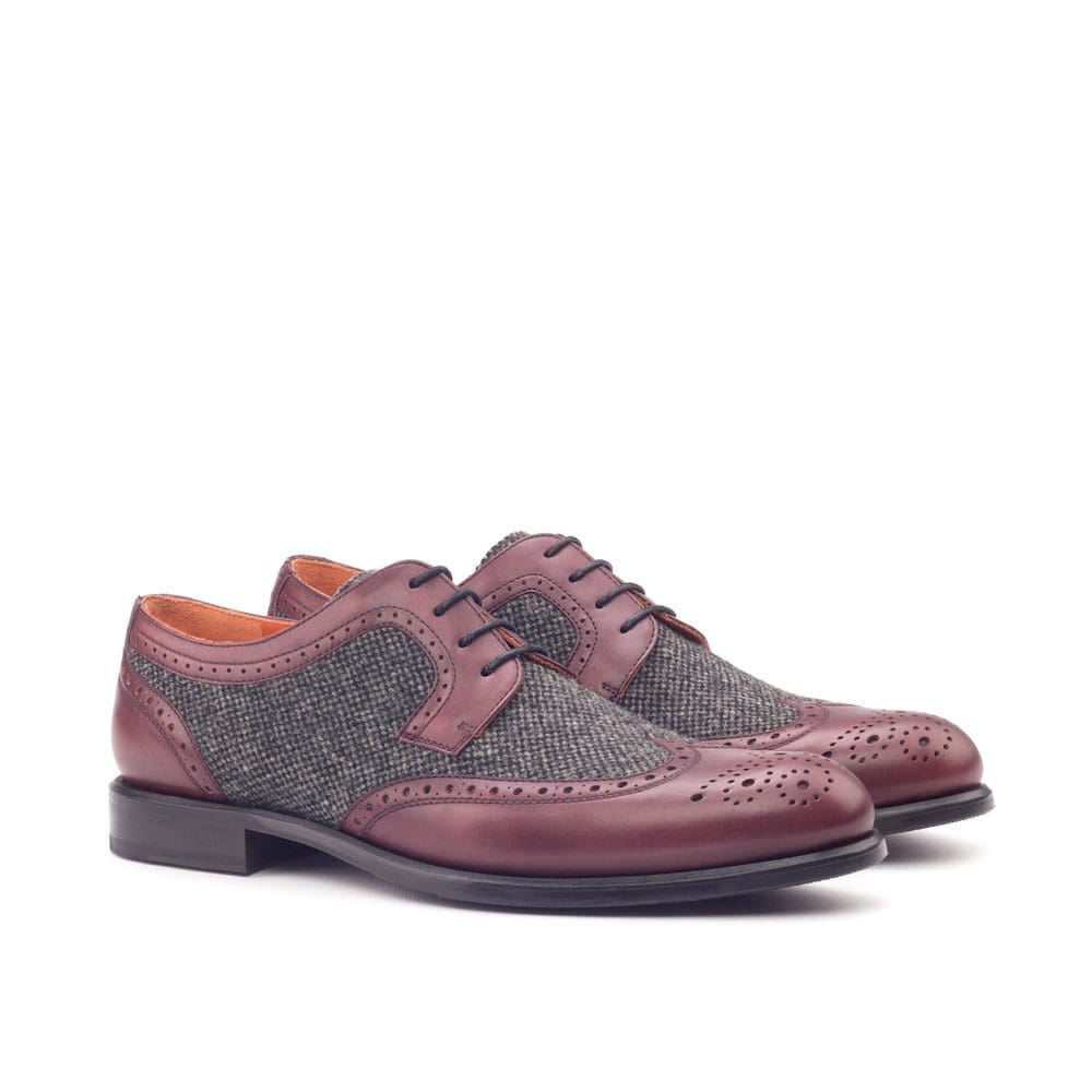 Bordeaux kalfsleer met grijs tweed Derby veterschoenen