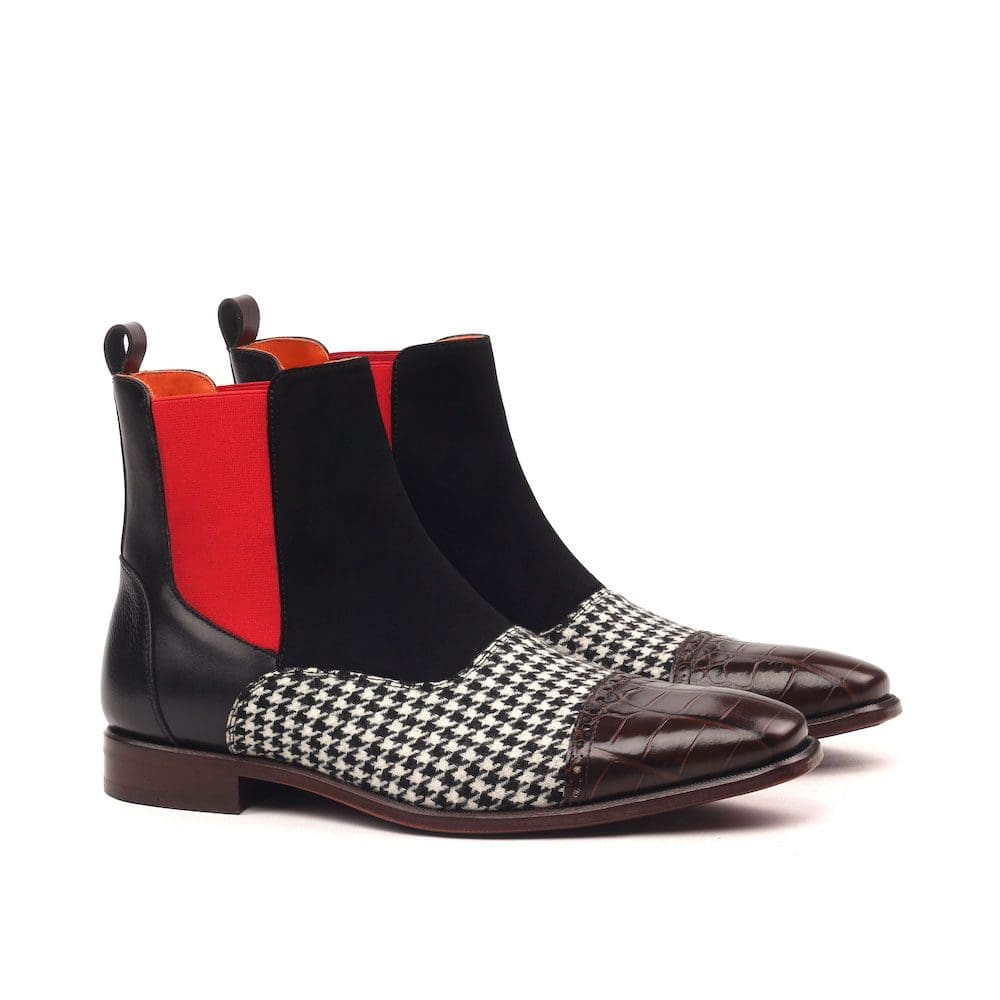 multi chelsea laarsin houndstooth en zwart suede
