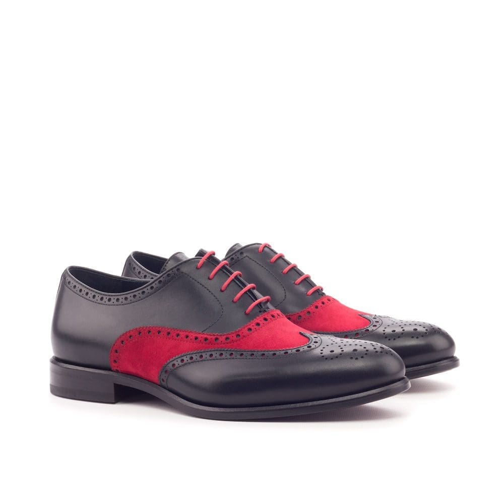 Hardwick-Full Brogue - Box Calf Black-Kid Suede Red-MORAGHI Zwart kalfsleer met rood suede full brogue Oxford herenschoenen.