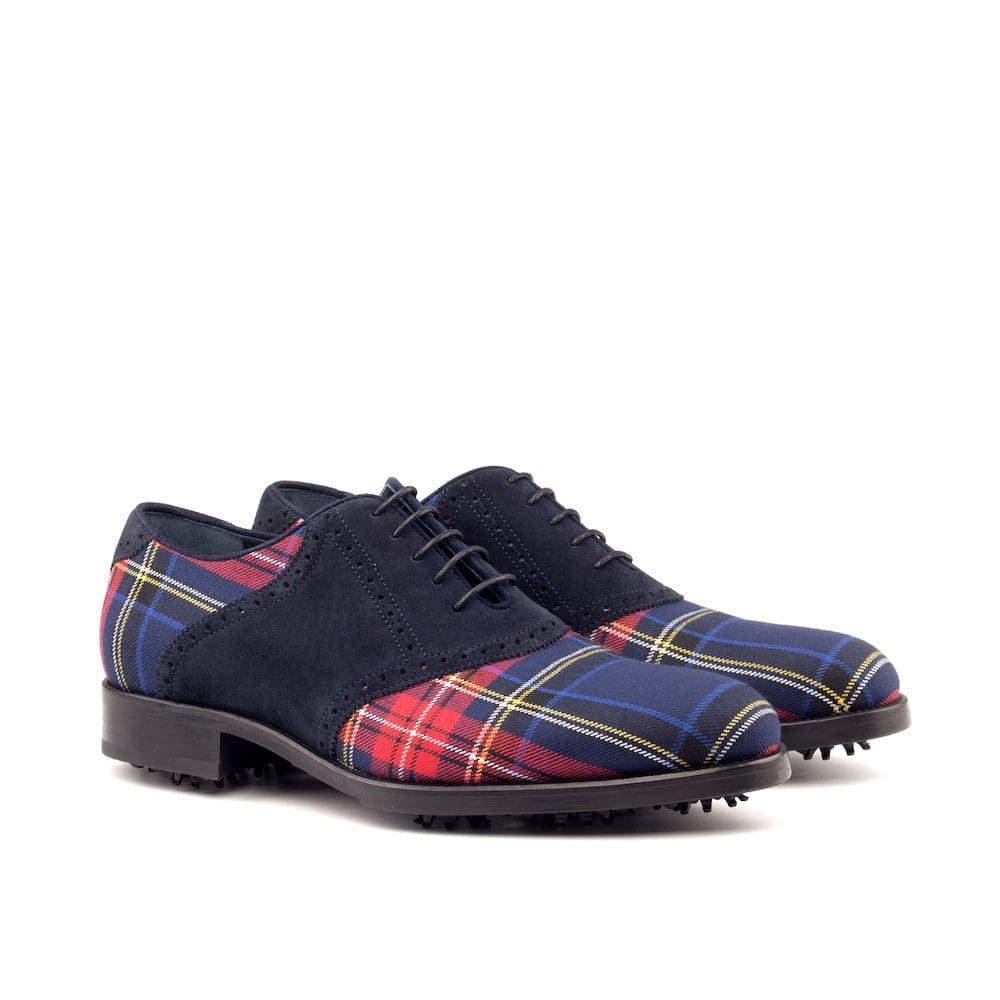 Oxford-saddle-golfschoenen-navy-tartan-MORAGHI Oxford saddle golf schoenen in donkerblauw suede met rode tartan
