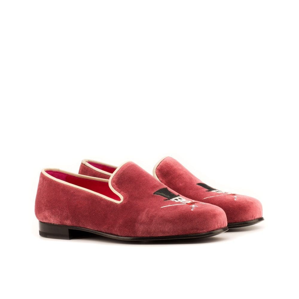 Prince Albert- Slipper Embroidered - Make Up Velvet-MORAGHI Slipper in rose rood velvet met borduursel