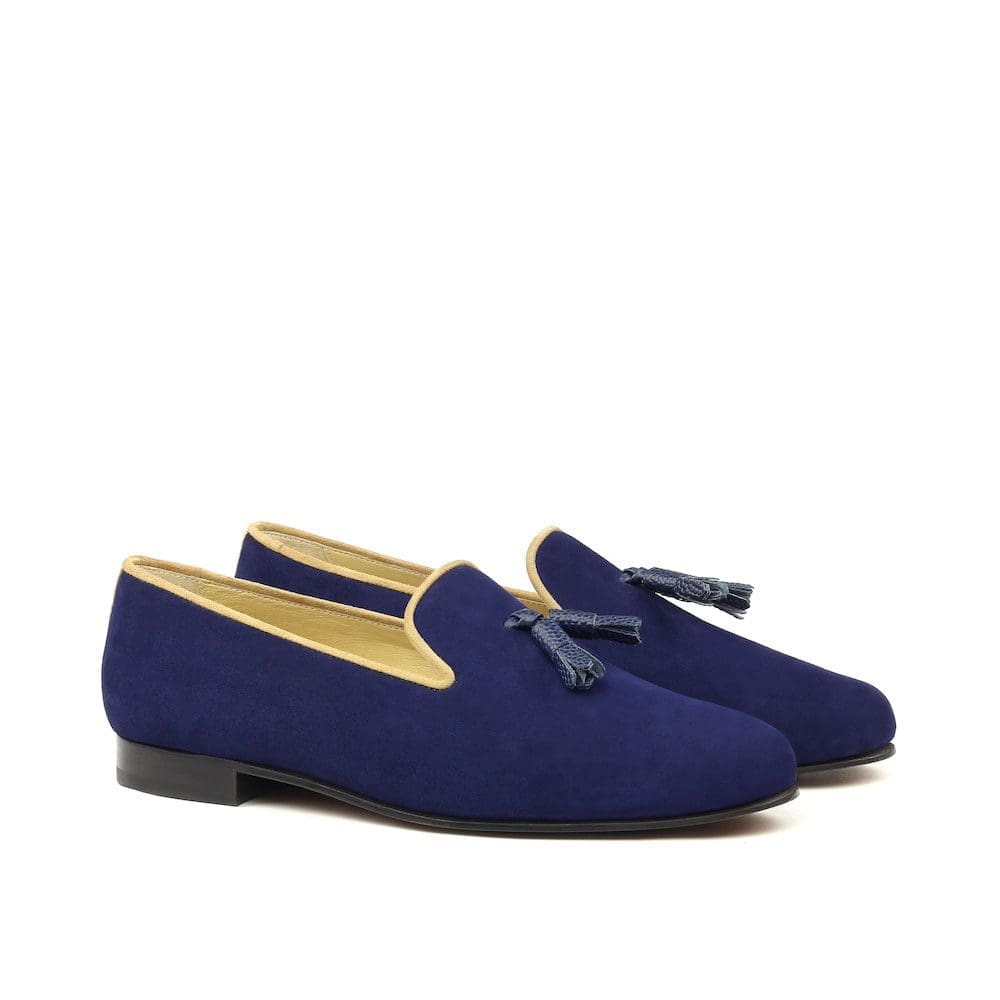 Slipper in navy flanel met kwastjes