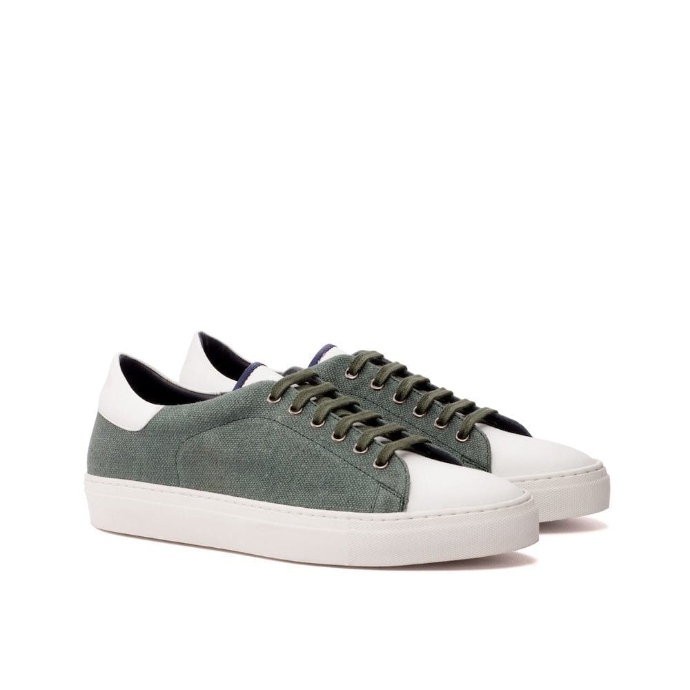 Wexford- Box Calf White-Khaki Linen-Box Calf Navy-MORAGHI sneaker laag in wit leer en kaki linnen