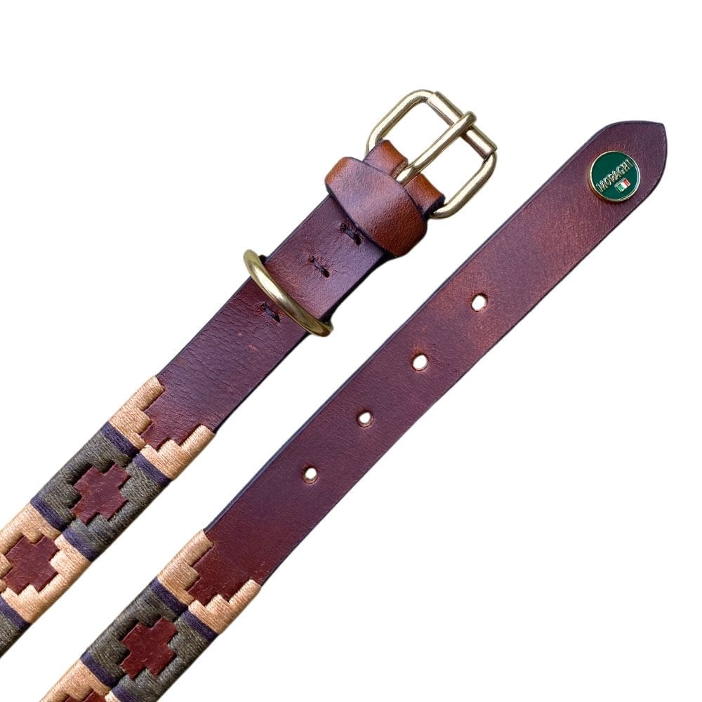 Detail van leren polo halsband. Koperen gesp en logo