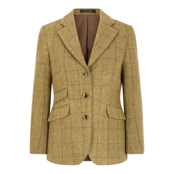 Licht goud gekleurde tweed damesblazer van de voorkant gezien