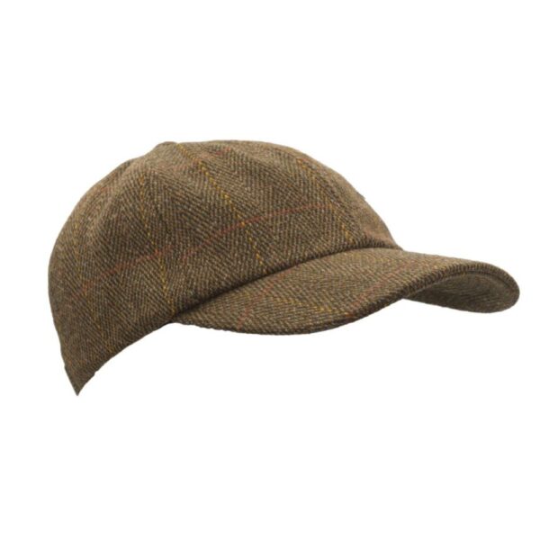 Bruine tweed baseball cap van voren gezien