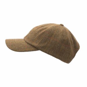 Bruine tweed baseball cap van de zijkant gezien