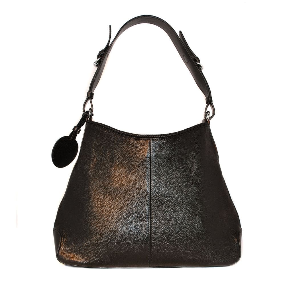 Achterkant van de zwart lederen tote bag