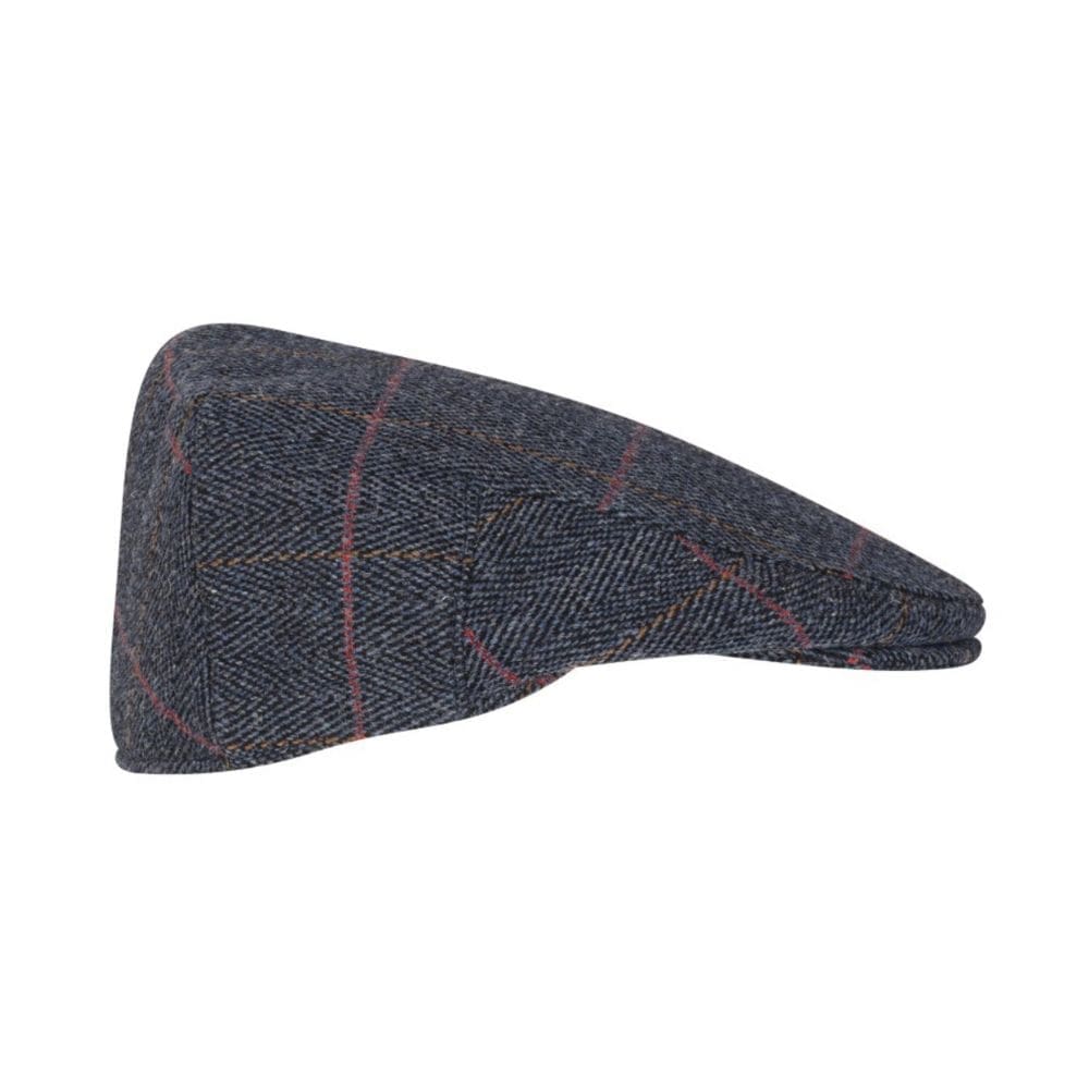 Tweed-flatcap-navy-side-MORAGHI blauwe tweed flatcap zij aanzicht