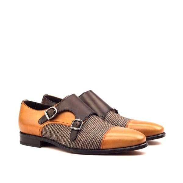 cognac, bruin en tweed double monk schoenen