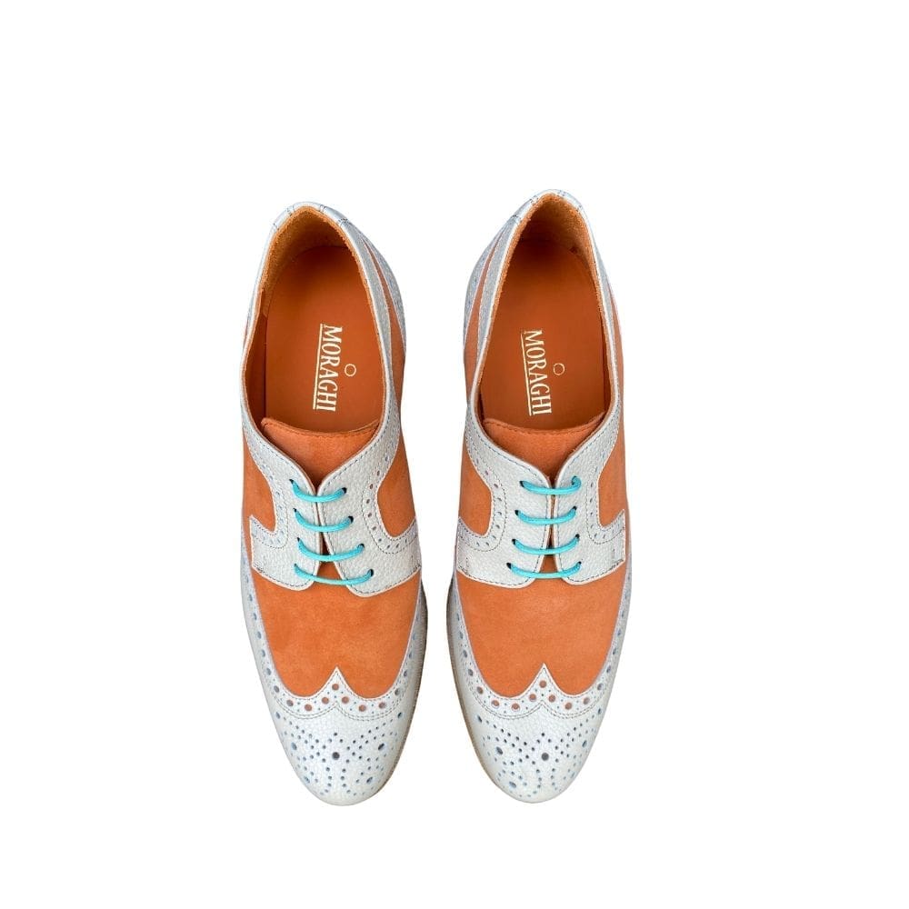 Oranje suede met wit full grain Derby veterschoenen