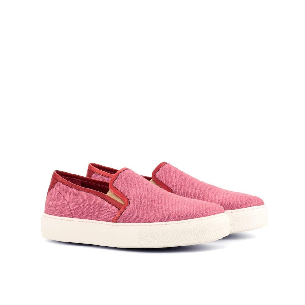 Houghton -Slip on- Woman - Plum Linen-Painted Calf Red- MORAGHI Dames instapper in rose linnen en rode kalfsleren bies