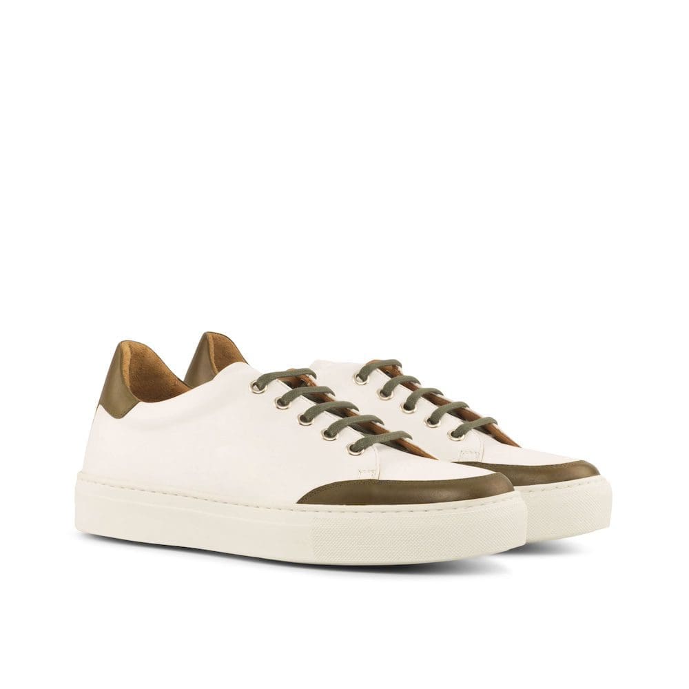 Kenwood -Tennis Sneaker - Box Calf White-Painted Calf Olive-MORAGHI lage dames sneaker in wit en olijf kleurig kalfsleer