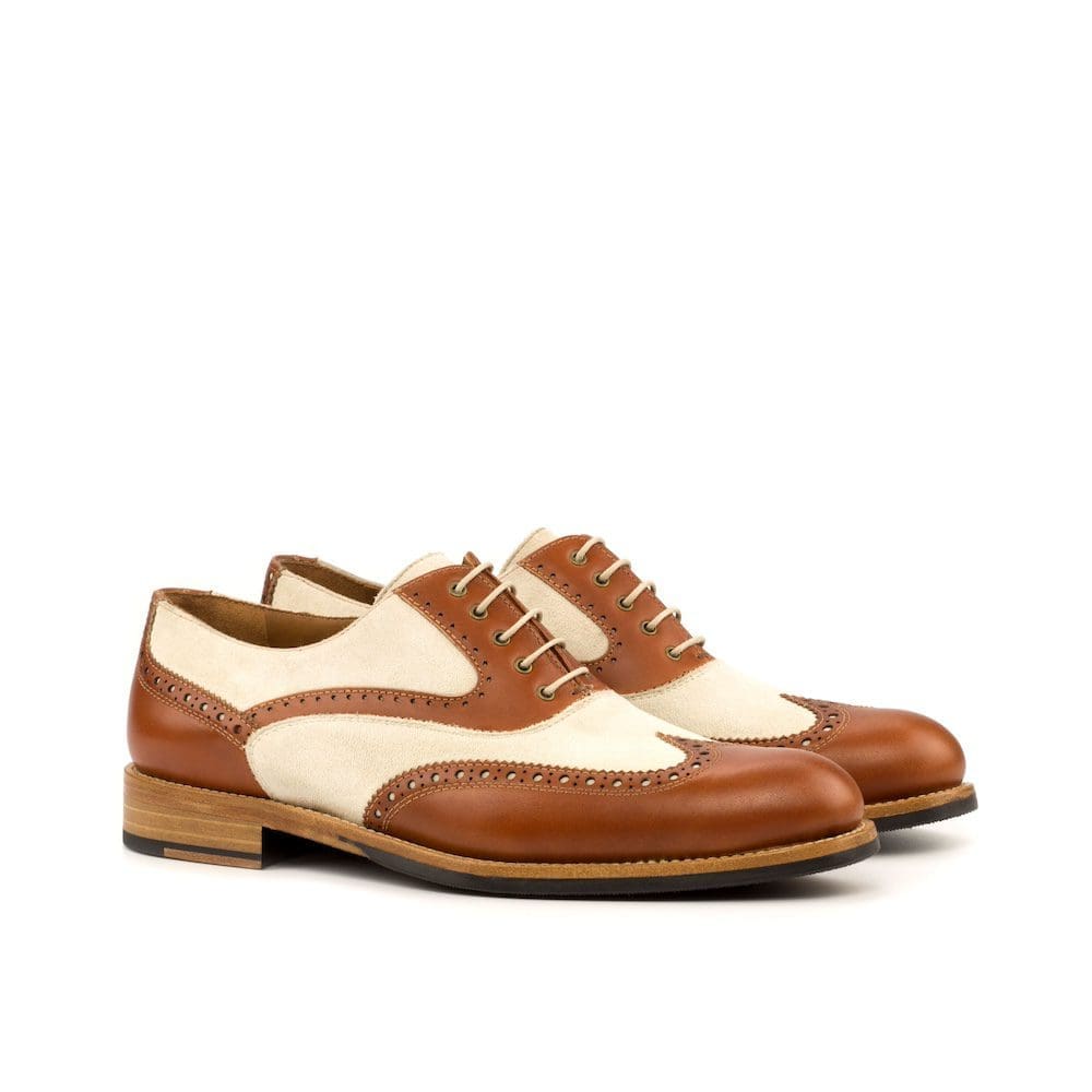 Nufield -Women Full Brogue - Box Calf Cognac-Kid Suede Ivory-MORAGHI full brogue in cognac kalfsleer en ivoor kleurig suede