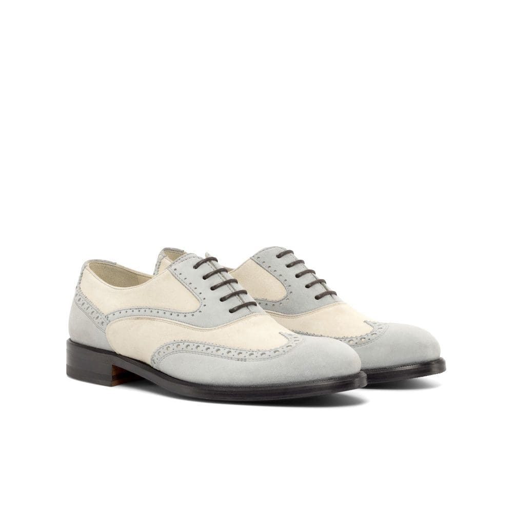 Nufield -Women Full Brogue - Kid Suede Light Grey-Kid Suede Ivory-MORAGHI full brogue in grijs en ivoor kleurig suede