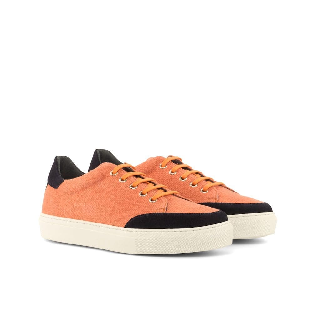 Oranje linnen met donkerblauw suede dames sneakers