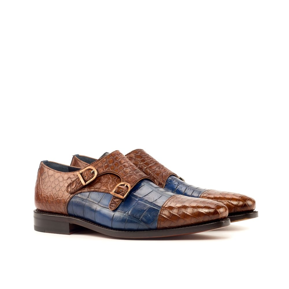Cognac met blauw krokodillenlaren double monk schoenen