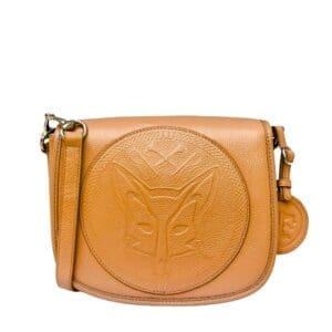 Cross body tas in cognac leer met afbeelding van een vos