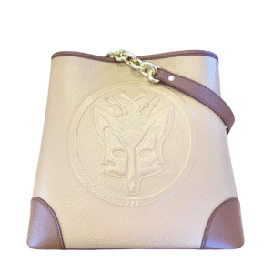 Schoudertas in creme en cognac met afbeelding van een vos