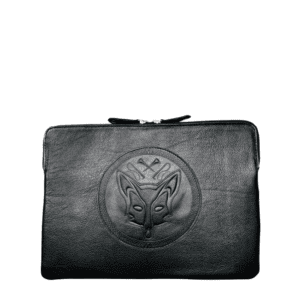 laptop sleeve van zwart leer met vossenkop