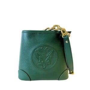 Kleine bucket in groen leer met een vos als afbeelding.